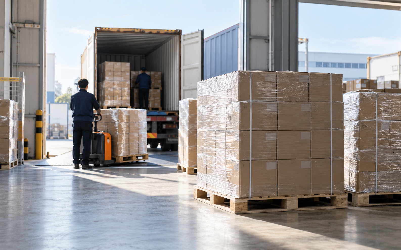 Palletized goods being loaded for international export